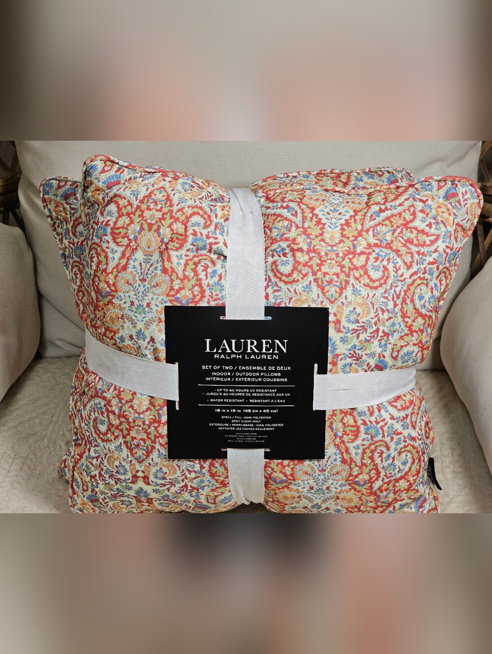 Lauren Ralph Lauren Paisley Indoor/Outdoor Pillow - Coral, Blue, Cream 18x18